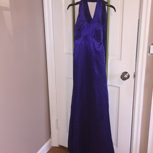 Purple Beaded Satin Floor Length Prom Evening Gown - Picture 1 of 8